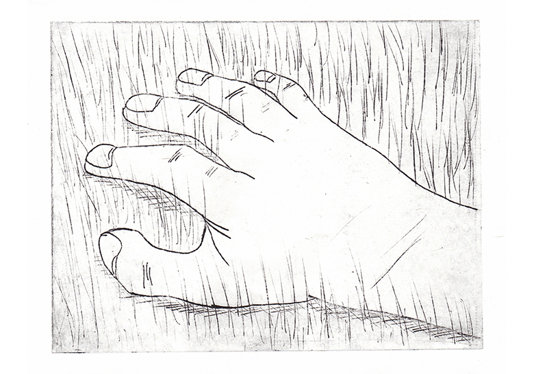etching of hand in grass detail print