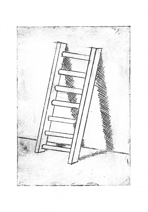 etching of ladder against wall John Standing print