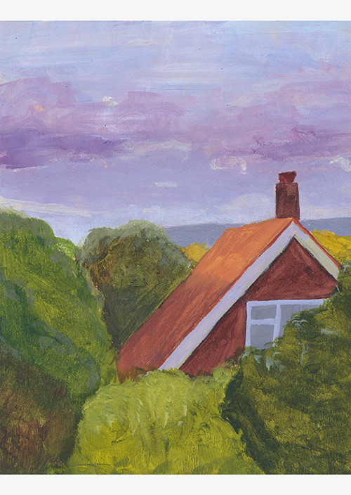 painting of roof suburbia skyline trees horizon