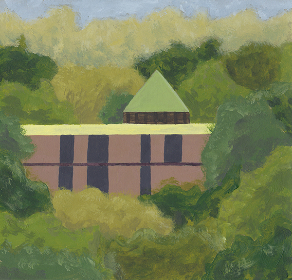 painting of school building in trees suburbia