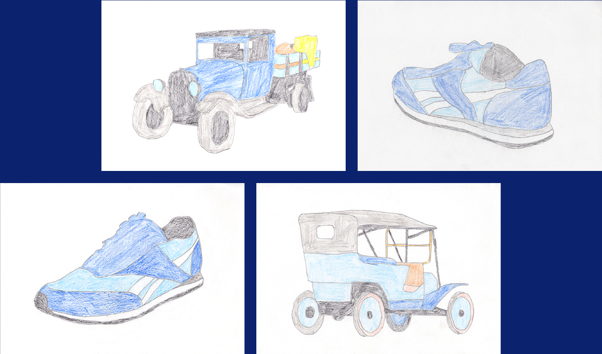 drawings of blue trainers and blue Ford Model Ts